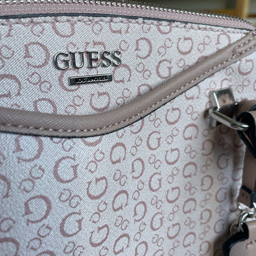 GUESS Blush Pink Allover Logo Monogram Satchel Hand Bag Purse - Picture 10 of 13